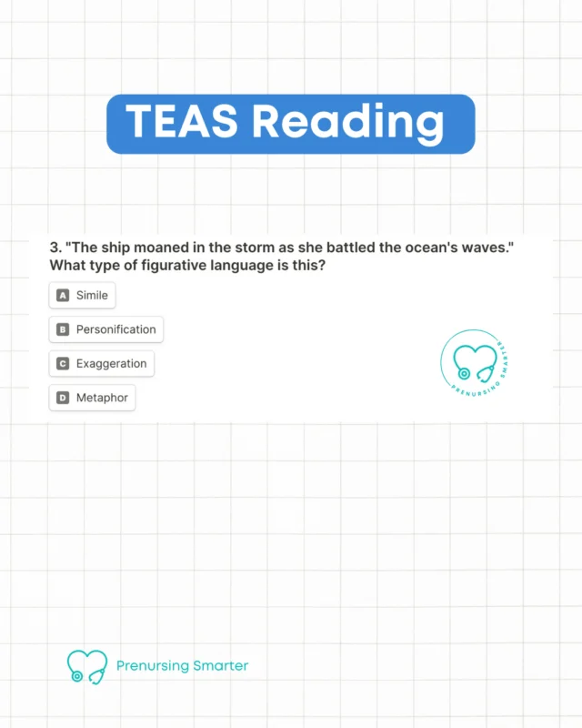Figurative language - do you know the types?⁠
 ⁠
Comment your answer. 🙌 ⁠
⁠
⁠
Want more? This question is from my free TEAS Practice Test.⁠
⁠
Link in bio to take the practice questions. ⁠
⁠
⁠
⁠
⁠
⁠
⁠ATI TEAS® is a registered trademark of Assessment Technologies Institute, LLC.⁠
⁠
#teastest #atiteas #prenursing ⁠
#prenursingstudent #surgtech #lpn #dentalhygiene #dentalhygienist #cna